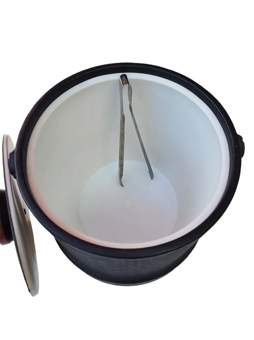 Vintage MCM faux leather Ice bucket with Lid and tongs